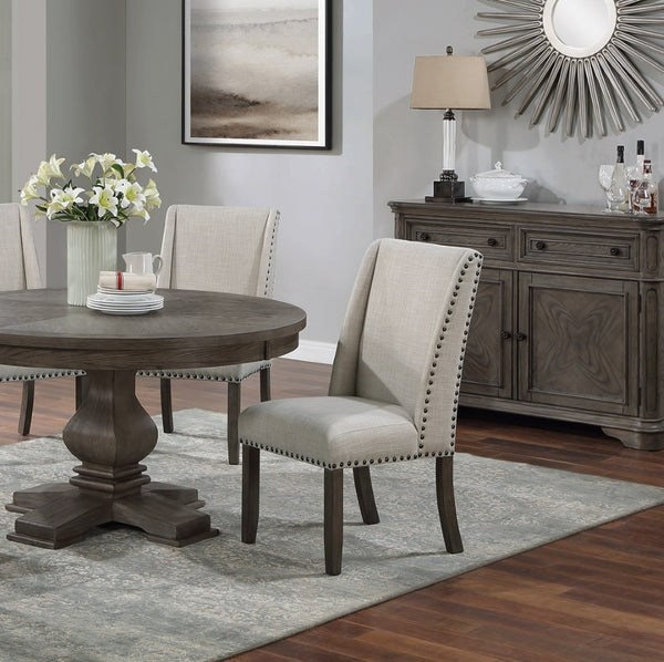 English Elm Traditional Round Pedestal Dining Set Oak Wingback Chairs Nailhead Upholstery Seats Four B011S01037