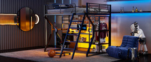 English Elm Full Size Metal Gaming Loft Bed With Workstation, Led Lights, Storage Solutions & Open Wardrobe N7090000666B