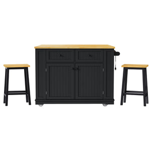 English Elm K&K 48in Kitchen Island Set with 2 Stools, Built-In Power Station, Drop Leaf & Ample Storage Space Black N707S000015B
