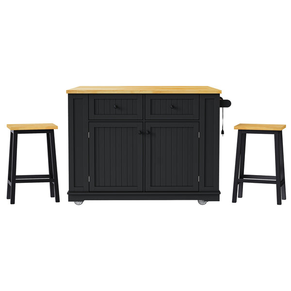 English Elm K&K 48in Kitchen Island Set with 2 Stools, Built-In Power Station, Drop Leaf & Ample Storage Space Black N707S000015B