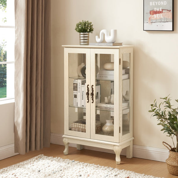 English Elm 2 Doors Curio Cabinet - Elegant Lighted Display With Glass, Mirrored Back, Adjustable Shelves & More! W2275P178894