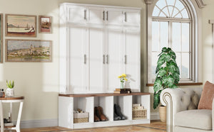 English Elm Farmhouse Hall Tree with Triple Arch Back Panel Eight Hooks Drawers and Entryway Bench White N721S000059K-1