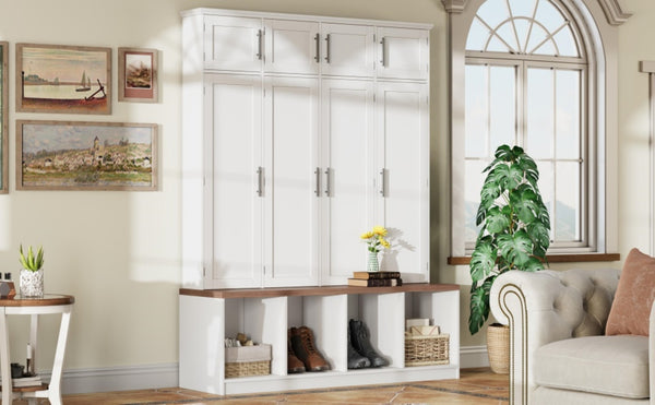 English Elm Farmhouse Hall Tree with Triple Arch Back Panel Eight Hooks Drawers and Entryway Bench White N721S000059K-1