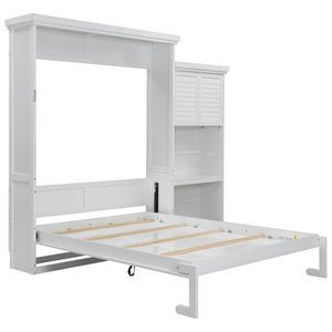 English Elm Queen Size Murphy Bed With Stylish Louvered Design, Multi-Storage Shelves, And Elegant White Finish N7090004018K-GIGA