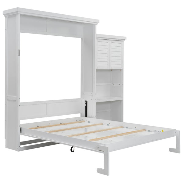 English Elm Queen Size Murphy Bed With Stylish Louvered Design, Multi-Storage Shelves, And Elegant White Finish N7090004018K-GIGA
