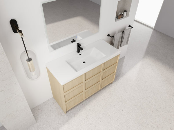 English Elm 48" Floating Bathroom Vanity Dual Ceramic Vessel Sinks Oak Finish Soft Close Doors W999S00511
