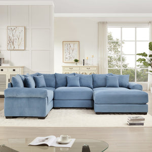 English Elm Oversized Modular Sectional Couch With Movable Ottoman - Luxurious Blue Corduroy, Ergonomic Comfort W714S01359-GIGA