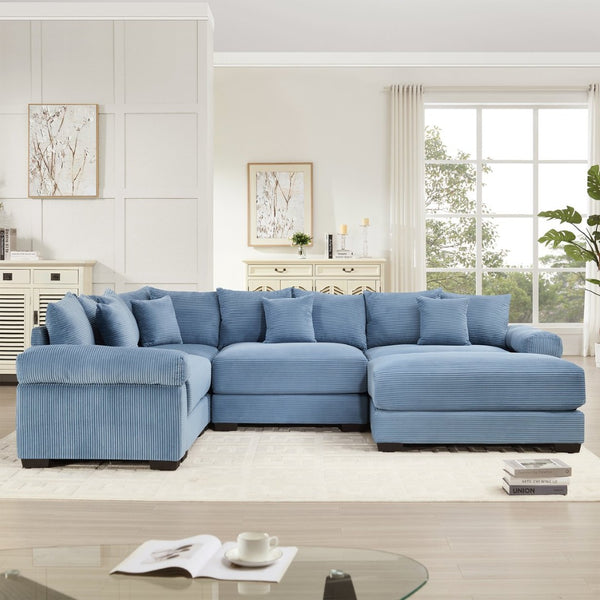English Elm Oversized Modular Sectional Couch With Movable Ottoman - Luxurious Blue Corduroy, Ergonomic Comfort W714S01359-GIGA