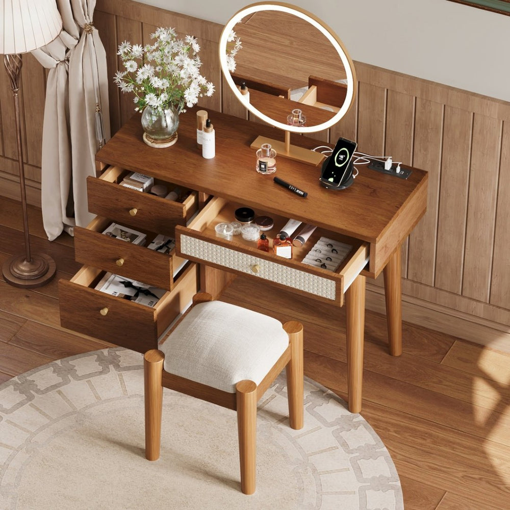 English Elm 39" Bohemian Walnut Vanity Set with Rattan Drawers Built-in Usb Ports and Cushioned Stool N733P180011D