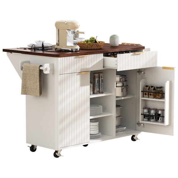 English Elm K&k Fluted Rolling Kitchen Island Faux Marble Top Power Outlet Drop Leaf Storage White N707S000019W