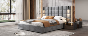 English Elm Queen Velvet Platform Bed Wide Headboard Built in Sconces Usb Ports Modern Bedroom N757Q200046G-1