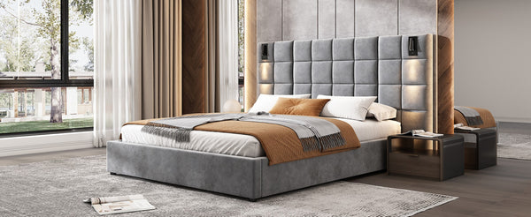 English Elm Queen Velvet Platform Bed Wide Headboard Built in Sconces Usb Ports Modern Bedroom N757Q200046G-1