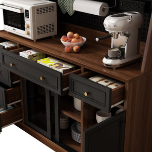 English Elm Freestanding Buffet Hutch with Glass Doors Six Drawers and Built in Power Outlet W5389S00002