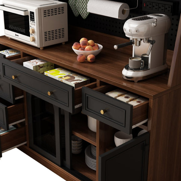 English Elm Freestanding Buffet Hutch with Glass Doors Six Drawers and Built in Power Outlet W5389S00002