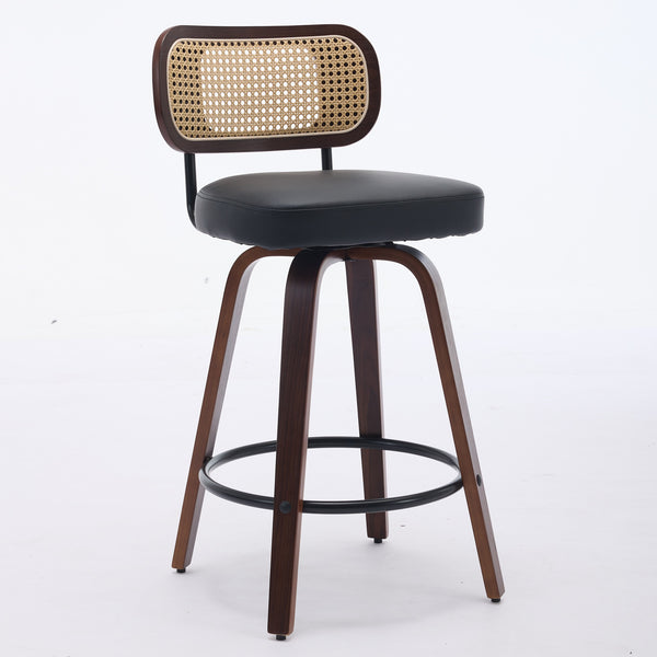 English Elm Set of 3 Rattan Counter Stools with Cane Back and Swivel, Upholstered PU Seat, Walnut Finish, Ergonomic Comfort Black W1143P300159