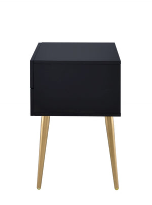 English Elm Denvor Two Drawer End Table with Gold Tapered Legs and Glossy Black Top B2726P445302