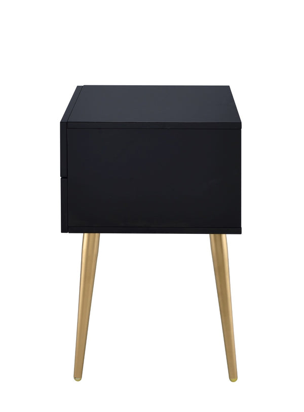 English Elm Denvor Two Drawer End Table with Gold Tapered Legs and Glossy Black Top B2726P445302