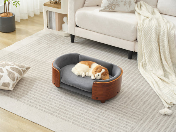 English Elm Scandinavian Elevated Pet Sofa Bed with Walnut Bent Wood Back, Velvet Stain-Resistant Fabric, Cozy Rest Dark Gray W794125914