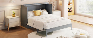 English Elm Full Size Murphy Bed Rattan Cabinet with Storage Drawers and Gold Hardware Gray N708S00009E