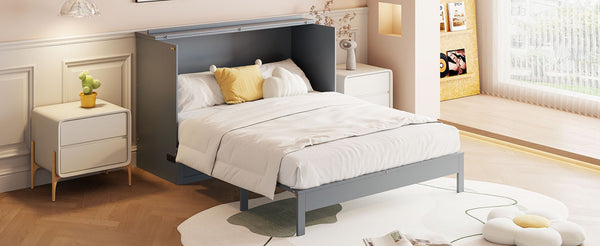 English Elm Full Size Murphy Bed Rattan Cabinet with Storage Drawers and Gold Hardware Gray N708S00009E