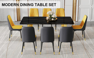 English Elm Table Set With Glass Top & Golden Legs, 8 Ergonomic Pu Dining Chairs In Orange & Dark Gray W1151S04341-GIGA