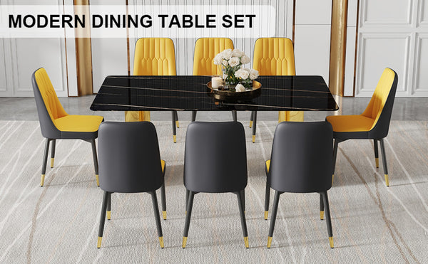 English Elm Table Set With Glass Top & Golden Legs, 8 Ergonomic Pu Dining Chairs In Orange & Dark Gray W1151S04341-GIGA