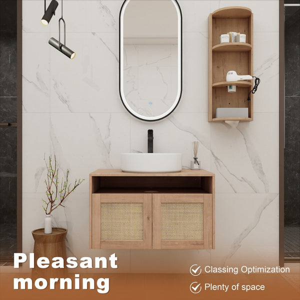 English Elm 30" Floating Bathroom Vanity Oak Finish Ceramic Vessel Sink Soft Close Plywood Cabinet W999S00501