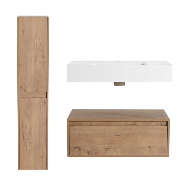 English Elm 30 Inch Wall-Mounted Bathroom Vanity Set With Resin Sink, Soft-Close Drawers & Storage Cabinets W999S00268
