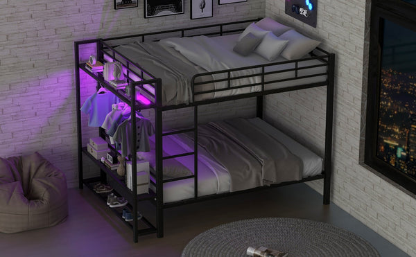 English Elm Full Size Metal Bunk Bed With Led Lighting, Storage Shelves & Hooks - Stylish Space Saver For Teens N7090000667B
