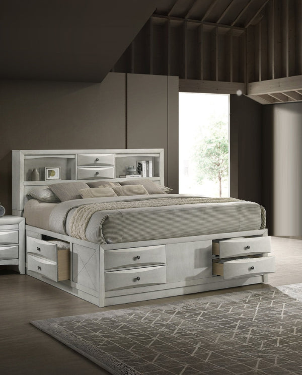 English Elm 1Pc King Bed With Built-In Shelving & Integrated Drawers - Stylish White Storage Solution For Small Spaces B2741S00150