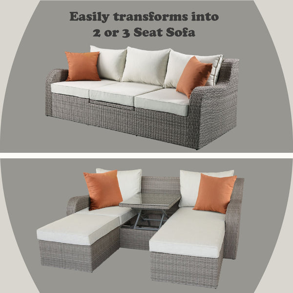 English Elm Salena Beige Fabric & Gray Wicker Sectional Sofa w/Hidden Lift Table, 2 Ottomans & Water‑Resist Cushions B2726P288343