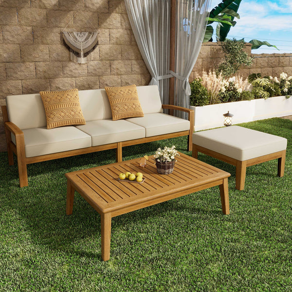 English Elm Christopher Knight Home® - GRENADA Teak Acacia 3-Pc L-Shape Sectional Sofa Set with Ottoman & Coffee Table, Water-Resist Cushions N757S637025B