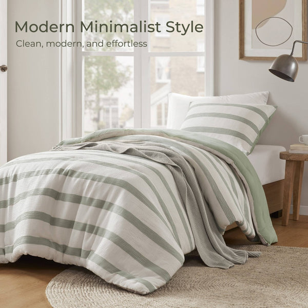 English Elm 2-piece Yarn-dyed Striped Polyester Comforter Set with Seersucker Texture for Year-round Comfort Sage Green B035P463221