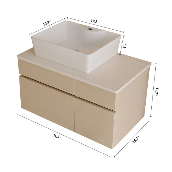 English Elm 31.5 Modern Floating Bathroom Vanity with Vessel Sink, Walnut Finish, Drawer Storage & Bracket Included White,Wood W3136S00019