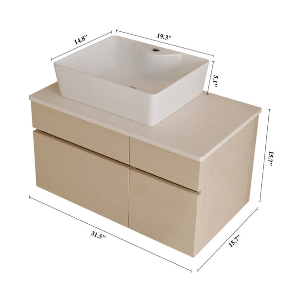 English Elm 31.5 Inch Wall Mounted Bathroom Vanity with Ceramic Vessel Sink and Soft Close Storage W3136S00079