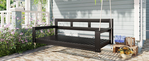 English Elm TOPMAX Acacia Wood Twin Porch Swing Bed Frame with High Back, 350lb Capacity & 118" Hemp Ropes Black N717P265795B