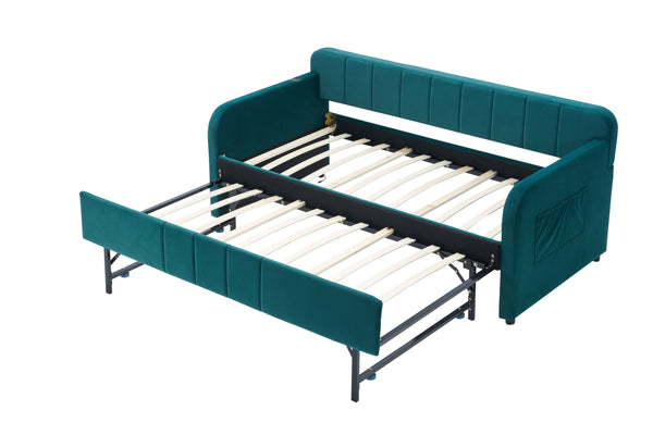 English Elm Twin Upholstered Daybed with Trundle Sofa Bed for Guest Room, Pine Wood Frame, Velvet Upholstery, Sturdy Slat Support and Full-Length Comfort Emerald W1361S00024