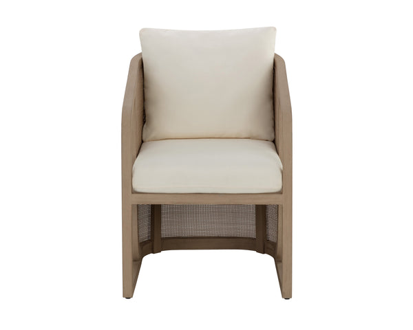 Sunpan Palermo Dining Chair - Elegant Outdoor Seating with Durable Teak Wood and Stylish Wicker Design Drift Brown / Stinson Cream