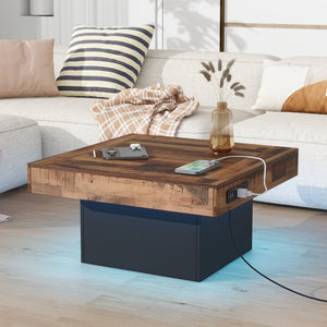 English Elm 31.4'' X 31.4'' Farmhouse Coffee Table With 2 Usb Ports and Outlets, Brown Spliced Wood Grain Center Table With Led Light, Rustic Cocktail Table With Charging Station For Living Room, Black