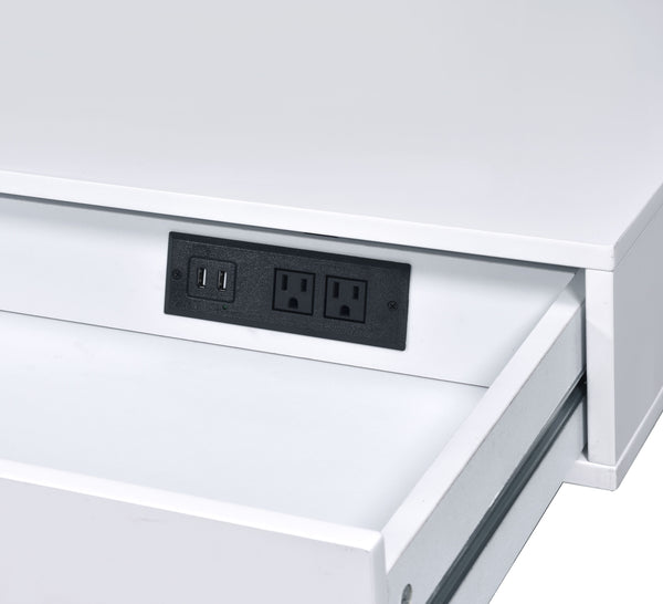 English Elm Coleen White High-Gloss Writing Desk with Chrome Base, Dual Drawers & Built-In USB Charging Port B2726P266610