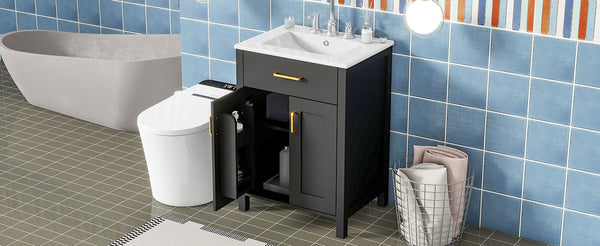 English Elm 24"Bathroom Luxurious Space-Saving Vanity with Ceramic Sink, Solid Wood Frame, Soft-Close Doors and Storage Black N729P183716B