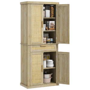 English Elm Homcom 72" Tall Boho Pantry Cabinet With Rattan Panels, 5-Tier Storage, Adjustable Shelves, Oak Finish W2225P229259