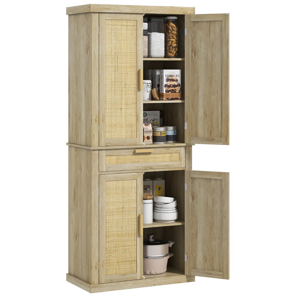 English Elm Homcom 72" Tall Boho Pantry Cabinet With Rattan Panels, 5-Tier Storage, Adjustable Shelves, Oak Finish W2225P229259