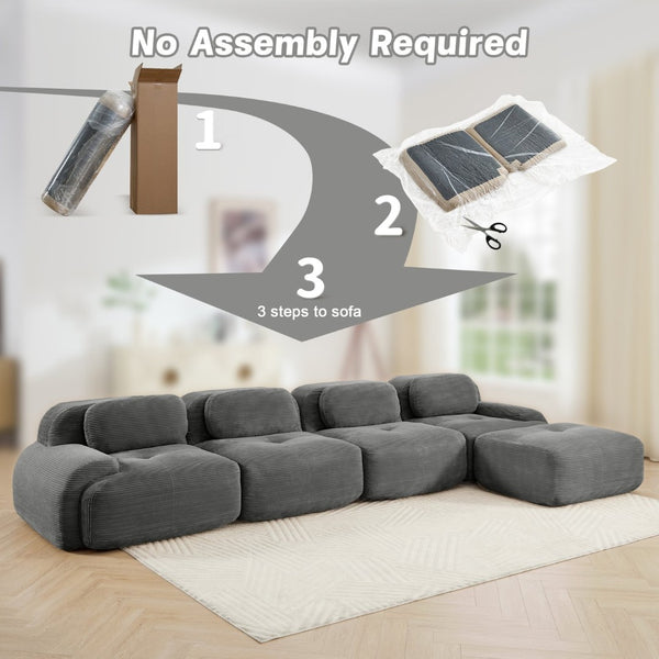 English Elm 4-seat Modular Corduroy Sectional Sofa with Curved Armrests for Living Rooms Grey W714S01271