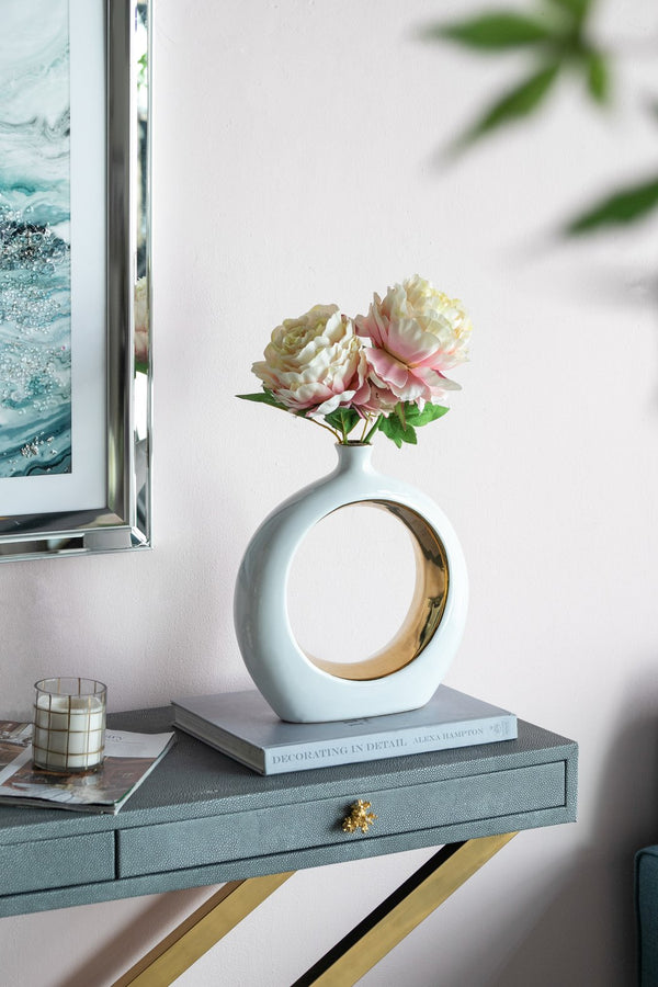 English Elm 11x3.1x12" Round Vase White/Gold — Modern Open-Center Ceramic Accent with Narrow Neck, Sleek Tabletop Decor W2078P391071