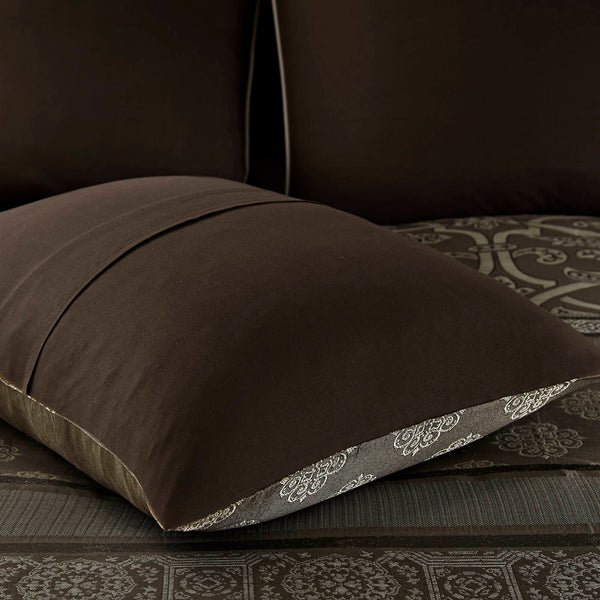 JLA Home Madison Park Essentials - 16 Jacquard Comforter Set with Two Sheet Sets, Hypoallergenic Fill, Reversible Brown Elegance, Machine Washable 90 L x 90 W x 1.5H MPE10-795