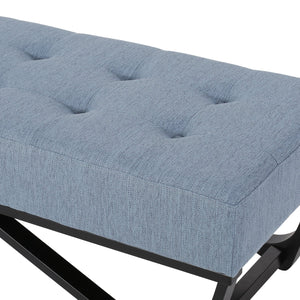 English Elm Christopher Knight Home® - OTTOMAN Plush Button-Tufted Bench with Waffle Stitch Upholstery and Geometric Black Legs for Stylish Seating Light Blue 66060.00LBLU