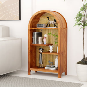 English Elm 4-tier Arched Freestanding Bookcase with Lattice Doors Open Display and Cabinet Storage W3123P485377