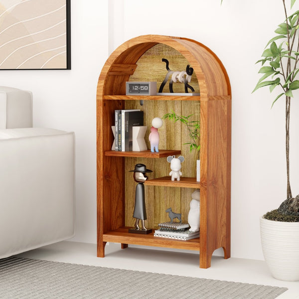 English Elm 4-tier Arched Freestanding Bookcase with Lattice Doors Open Display and Cabinet Storage W3123P485377