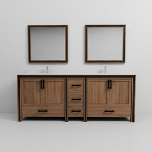 English Elm Rustic Barnwood Double Bath Vanity 84" W x 22" D with White Quartz Top, Chrome Faucets & 34" Mirrors B2731S01137